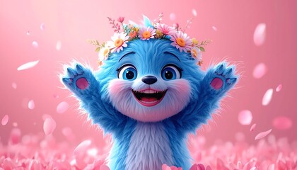Fototapeta premium Cute Blue Fluffy Monster with Flower Crown and Falling Petals on Pink Background