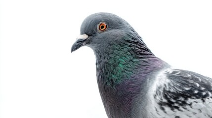 The pigeon portrait with iridescent plumage and sharp eye on white background