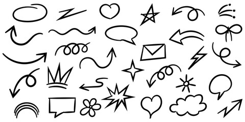 Fototapeta premium Hand Drawn Doodle Arrows Speech Bubbles Hearts Stars and Sketch Icons Set