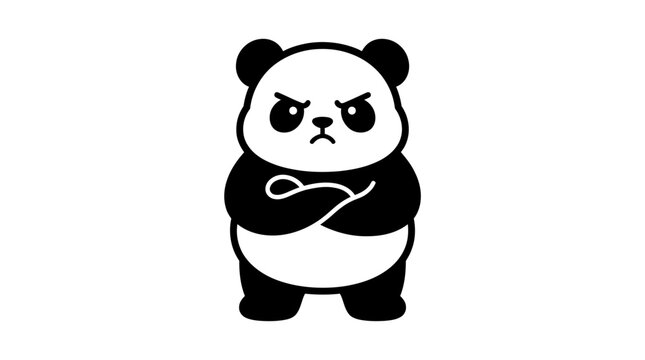 A grumpy and tough cartoon panda character stands upright with arms crossed, displaying a strong and unamused expression, perfect for a cute yet assertive graphic design or mascot