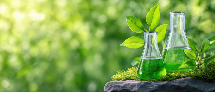 Green liquid in glass flask with leaf on moss and stone, eco friendly concept for sustainable science and nature protection with blurred green background