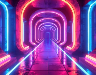 Obraz premium Futuristic neon lit corridor with vibrant colors and sleek architecture.