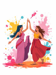 Fototapeta premium Two Happy Indian Women Celebrating Holi Festival with Color Splashes
