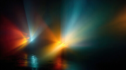 Colorful light beams reflecting on a water surface at night.