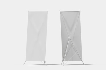 A 3D rendering of two tall, rectangular fabric banners on stands, one fully upright and the other partially collapsed © cozzdesign