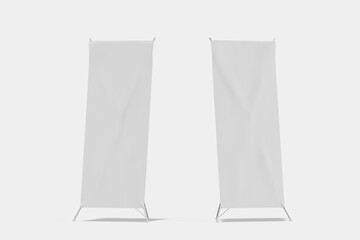 Two white rectangular fabric banners on metal stands © cozzdesign