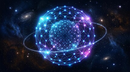 Obraz premium A glowing, interconnected spherical network structure in a vast cosmic galaxy.