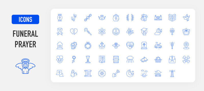Funeral Prayer icon. Broken Chain, Footprint, Funerary, Wings, Dove, Cross, Black Ribbon, Shepherd, Candle, Gravestone, Coffin Cross, Wreath, Praying, Flowers, Angel, Ribbon illustration.