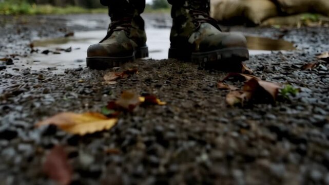 Camouflaged boots stepping through muddy puddle, boots moving across wet ground during military patrol, boots footage for army movement, combat terrain, frontline conditions, rough outdoor field route