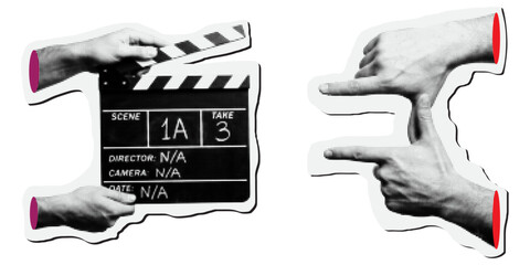 Set of halftone sticker icons of hands holding a movie clapperboard and hands framing a shot, retro stippled style illustrations for film production and cinema concepts © Vladislav