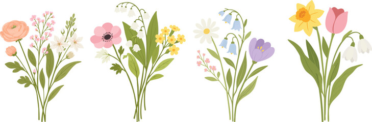 Naklejka premium Spring flower bouquet set flat illustration with botanical floral design
