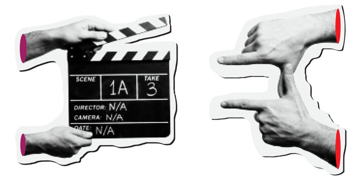 Set of halftone sticker icons of hands holding a movie clapperboard and hands framing a shot, retro stippled style illustrations for film production and cinema concepts