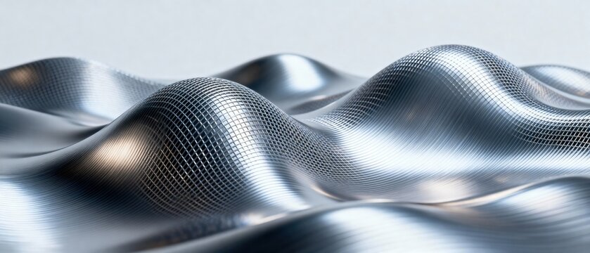 Close-up of a metallic silver wave mesh surface with a smooth and shiny finish, high resolution professional stock image with cinematic lighting balanced composition and versatile commercial usa siyam