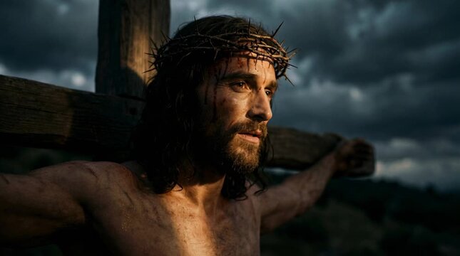Jesus on the Cross with Crown of Thorns Under a Dark Stormy Sky