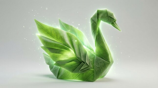Earth Day Origami Swan Made Of Green Leaves Three Dimensional Render