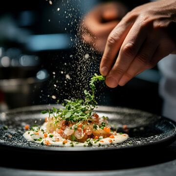 Culinary mastery chef preparing gourmet dish restaurant kitchen food photography modern atmosphere close-up view culinary art