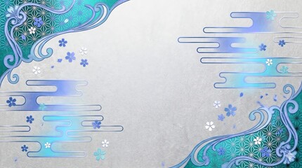 青と銀系の和風アールヌーヴォー背景フレームイメージ