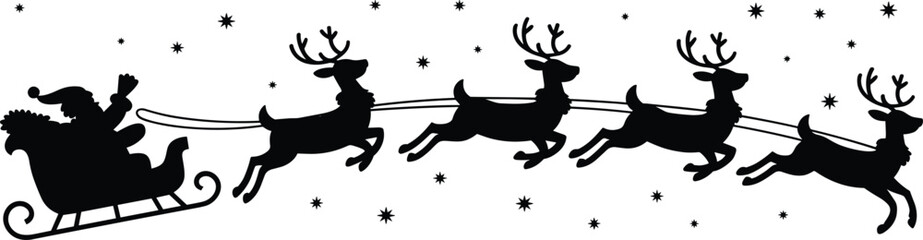 Santa Claus sleigh with flying reindeer silhouette, Christmas night sky, holiday winter vector, festive seasonal celebration illustration isolated white background © meftahul creatives