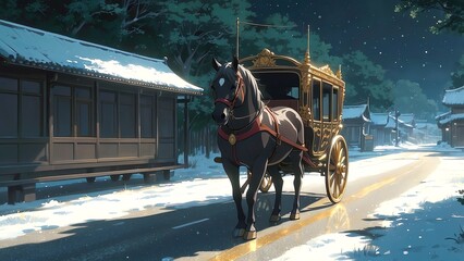 ゲーム背景　雪の日の道路を歩く貴族用の高級馬車がある風景