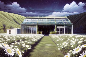 ゲーム背景　花園の奥に研究室風温室がある風景