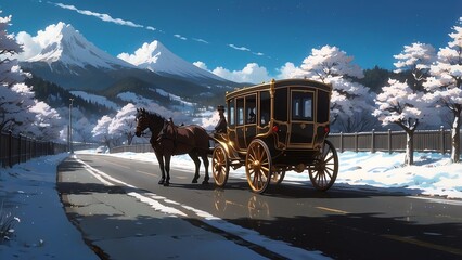 ゲーム背景　雪の日の道路を歩く貴族用の高級馬車がある風景
