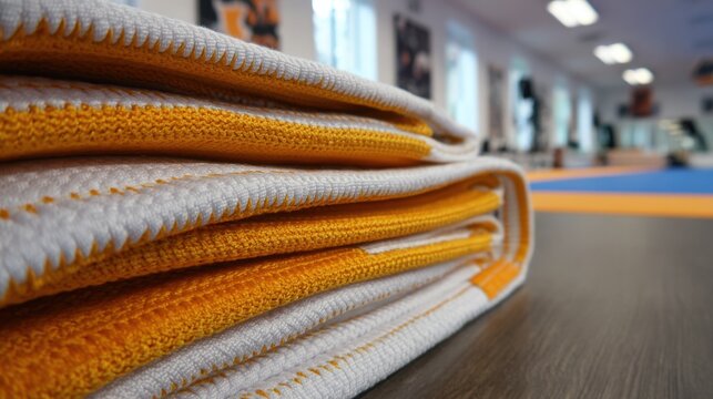 Neatly folded vibrant orange and white taekwondo dobok uniform, ready for martial arts training
