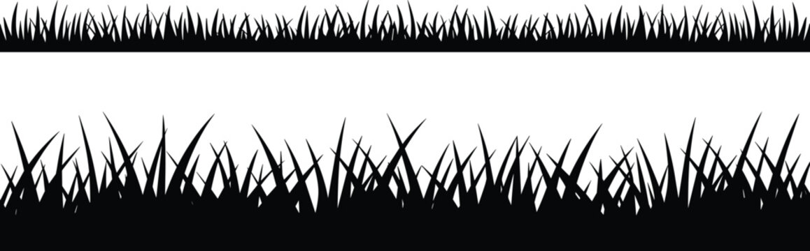 Black grass silhouette border set, natural lawn edge, meadow texture design, botanical foreground, isolated vector illustration for landscape decoration backgrounds