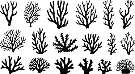 Black coral silhouette set collection, marine reef branch shapes, underwater sea life vector icons isolated on white background illustration design © meftahul creatives