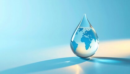 Obraz premium Transparent droplet containing a refracted image of the planetary surface rests upon a reflective surface against a light blue background.