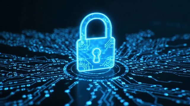 A glowing blue padlock on a digital circuit board represents cybersecurity and data protection in a futuristic technological environment from a top-down viewpoint.