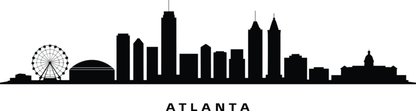Atlanta city skyline silhouette illustration, urban downtown architecture, modern skyscrapers, Ferris wheel landmark, minimal black cityscape vector design art background