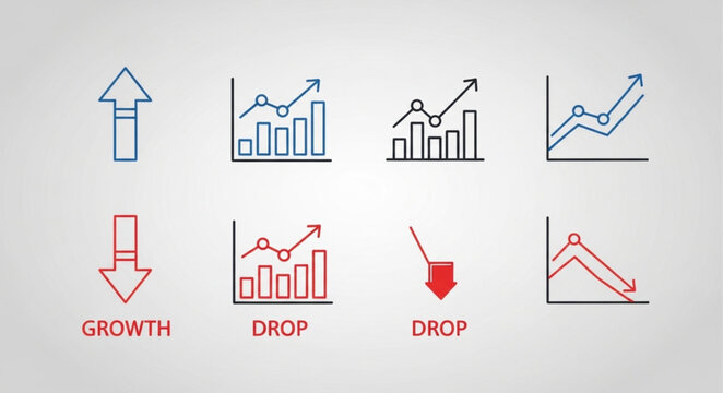 Collection of financial growth and drop charts and icons.