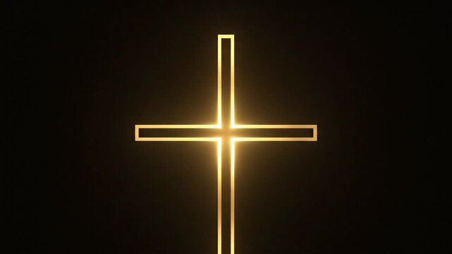 Glowing golden cross light on dark background representing faith hope spirituality religion worship salvation and divine illumination concept