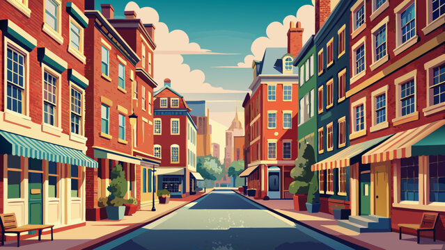 Very beautiful street perspective of Philadelphia&rsquo;s historic Fabric Row along Fourth Street, featuring charming brick storefronts, textured facades, and a nostalgic urban atmosphere reflecting the cit