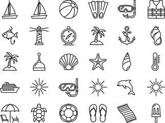 A collection of simple black and white line art icons depicting various elements associated with summer the beach and nautical themes © GolamKibria