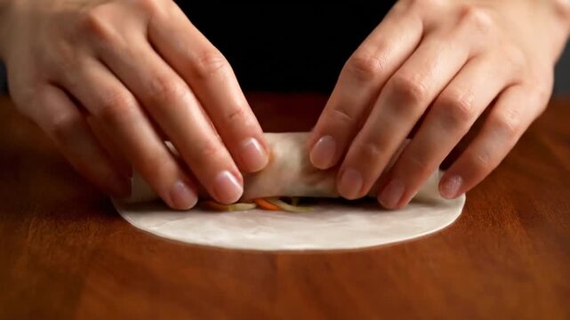Hands roll spring roll filling in fresh food prep.