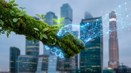 Green Handshake Symbolizing Eco Business Partnership with City Skyline