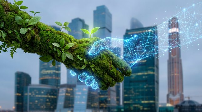 Green Handshake Symbolizing Eco Business Partnership with City Skyline