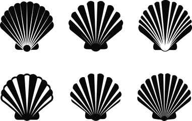 a graphic arrangement displays six black and white scallop shells in varying orientations showcasing their ribbed and fan like structures © GolamKibria
