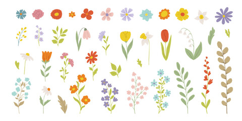 Set hand drawn colorful wildflowers and leaves in flat style. Perfect for spring patterns, greeting cards, wedding invitations, stickers, posters, branding and digital scrapbooking. © Katrinka8888