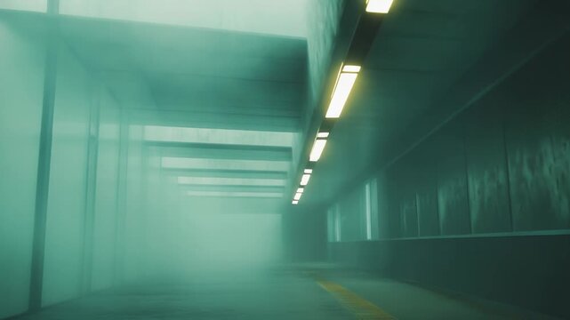 Fog filled urban underpass bathed in green neon, an empty, symmetric pedestrian passage of concrete and repeating structure evoking dystopian, eerie liminal space and solitude