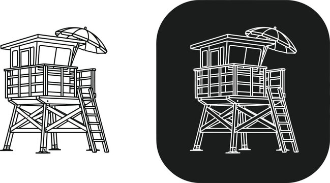 a detailed illustration showcases two perspectives of a lifeguard tower presenting structural elements and design features in monochrome high quality professional