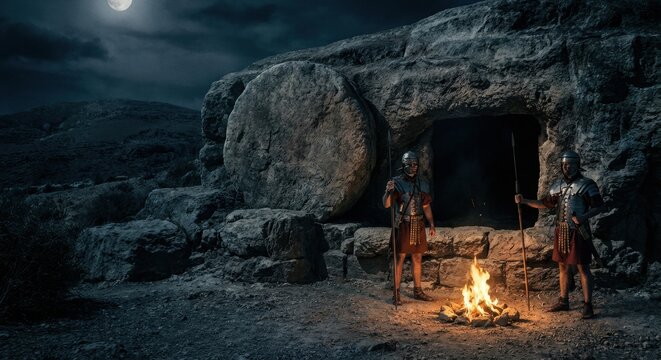 Two watchful Roman soldiers in historical armor holding spears guard a stone tomb sealed with a large rock by a campfire on a dark, moonlit night