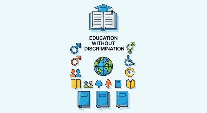 Illustration of education without discrimination featuring diverse icons and symbols on a light blue background