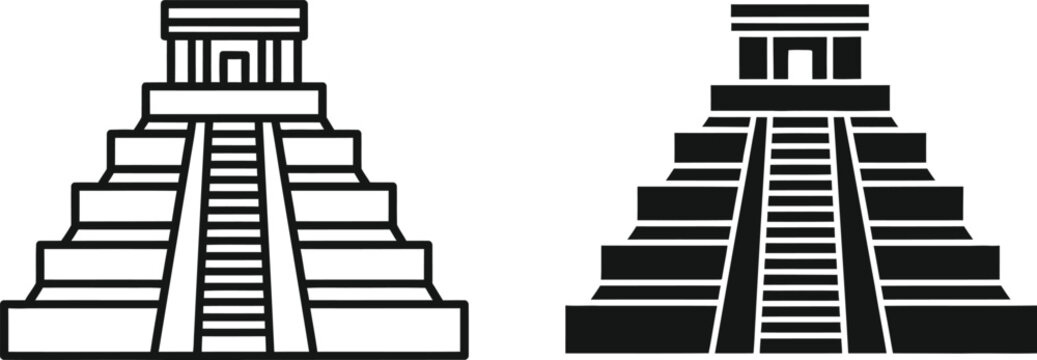 A detailed illustration showcases two ancient mayan pyramids in contrasting styles one outlined and one solid depicting architectural heritage high quality