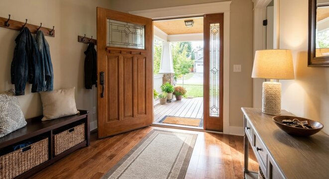 Beautiful open wooden front door with decorative glass panels reveals a welcoming home entryway bathed in natural light, showcasing a comfortable and stylish interior