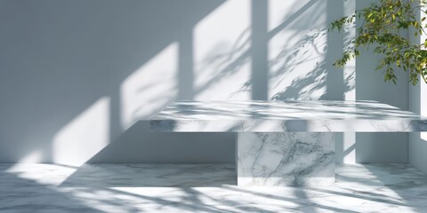 Obraz premium Marble Table with Window Shadow Drop on White Wall Background for Product Mockup