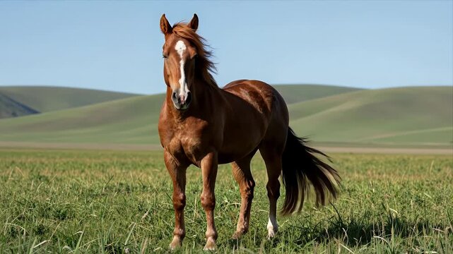 Serene Chestnut Horse Standing in Lush Green Field with Rolling Hills under Clear Blue Sky, Calm and Majestic Wildlife Nature Footage