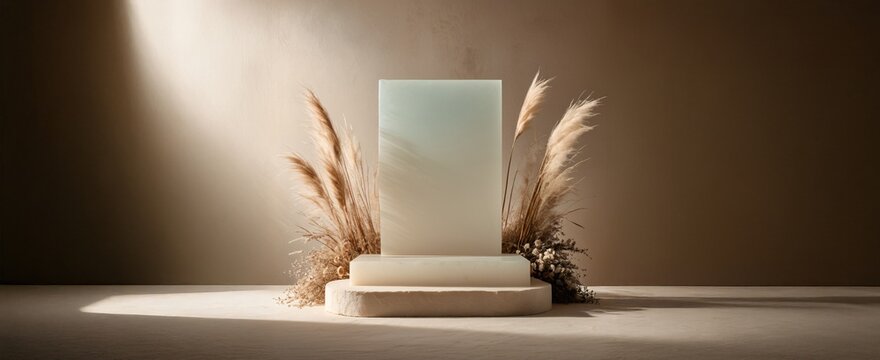 Podium background with stone platform and pampas grass for product display