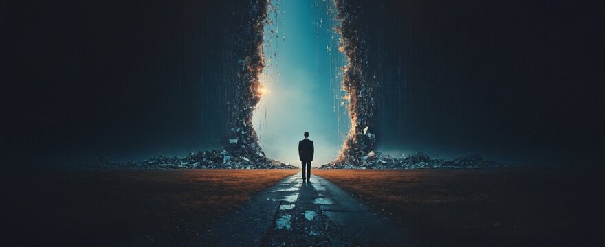 Businessman standing before a glowing portal in a dark vold